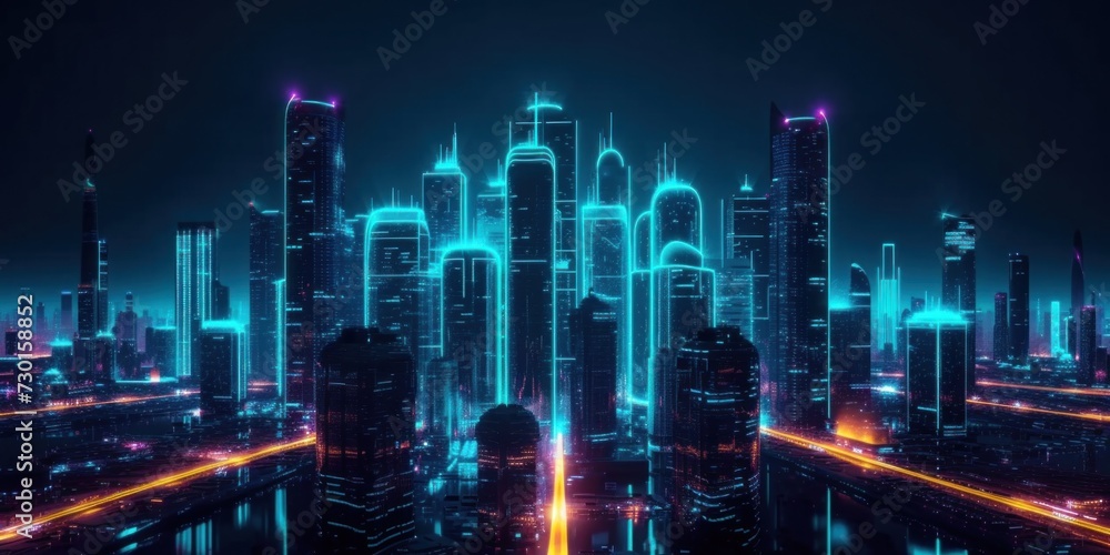 Neon Lights Illuminate a Futuristic Skyline at Dusk in a Modern Cityscape