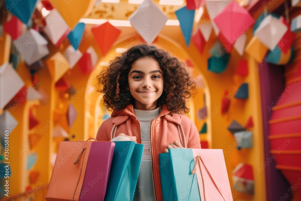happy indian child girl with gift boxes tied ribbons and colorful paper decorations for the holiday happy indian child girl with gift boxes tied ribbons and colorful paper decorations for the holiday