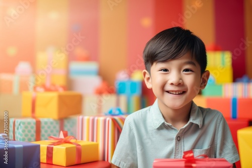 happy asian child boy with gift boxes tied ribbons and colorful paper decorations for the holiday