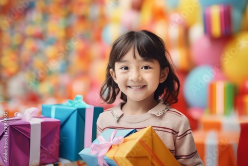 happy asian child girl with gift boxes tied ribbons and colorful paper decorations for the holiday