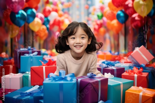 happy asian child girl with gift boxes tied ribbons and colorful paper decorations for the holiday