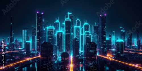 Neon Lights Illuminate a Futuristic Skyline at Dusk in a Modern Cityscape © photolas