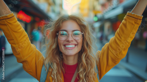 Excited young business woman celebrating success in victory with raised hands, generative ai