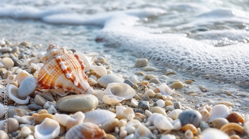 Seashells and pebbles adorn the shore, adding natural beauty to the beachscape © ArtCookStudio