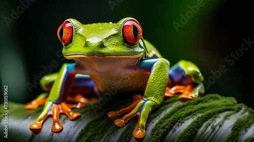 colorful frog clinging to a leaf, its red eyes a sharp contrast to the lush greenery