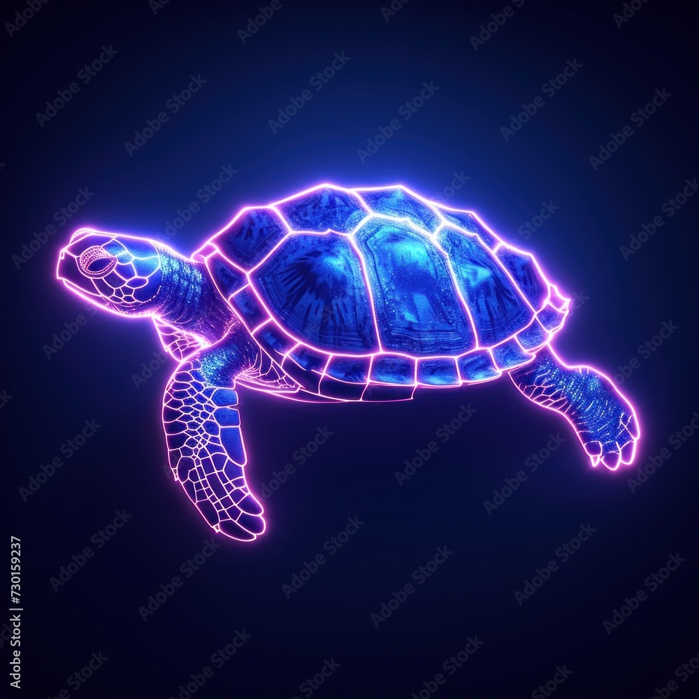 Fototapeta premium Neon Turtle Logo Glowing in Vibrant Blue and Red Hues Against a Dark Background