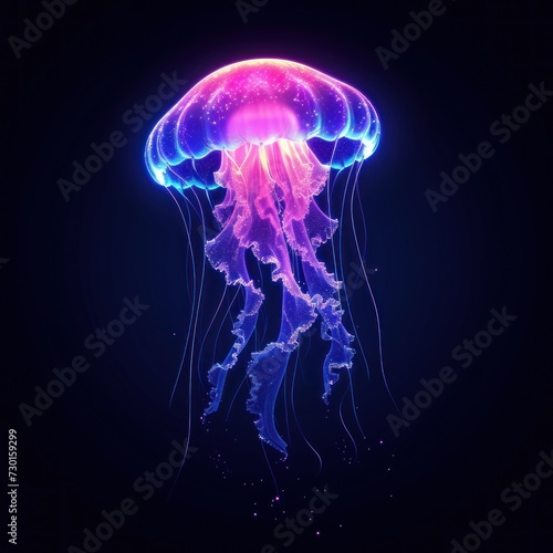 Vibrant Neon Jellyfish Illustration With a Flat Design Against a Dark Background © photolas