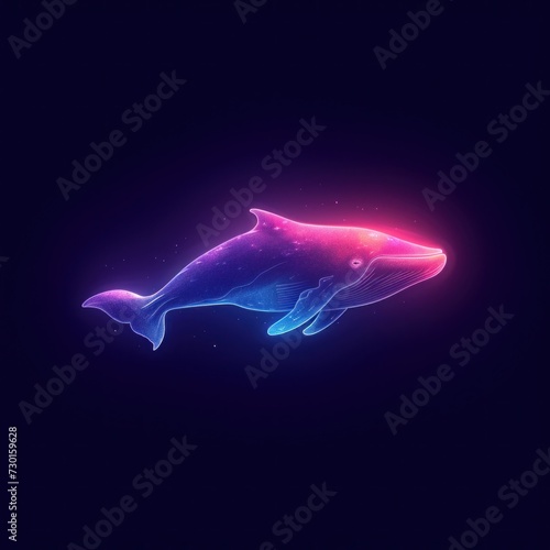 Neon Glowing Whale Illustration in a Cosmic Setting With Dark Background