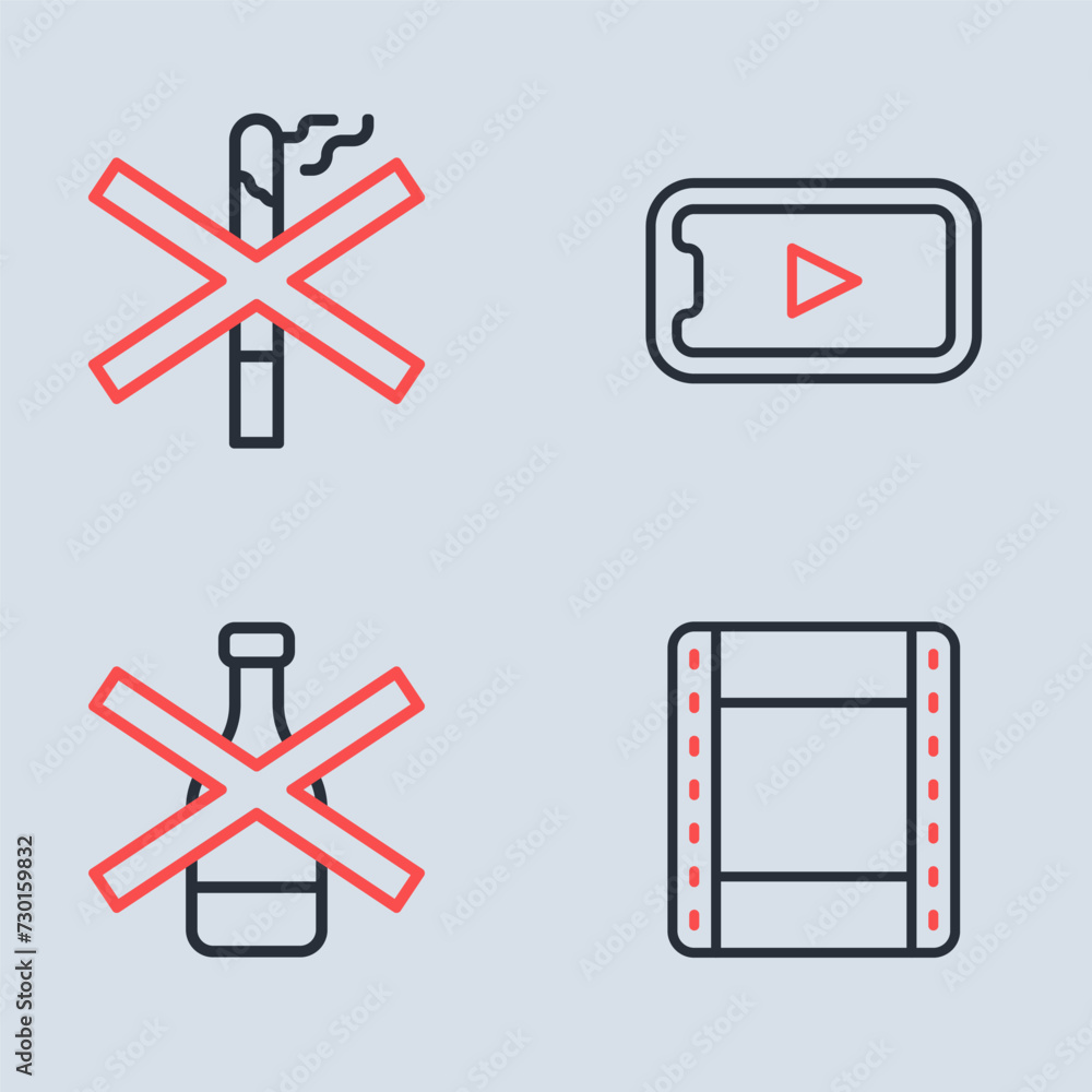 Fototapeta premium Set line Online play video, No alcohol, Play and smoking icon. Vector