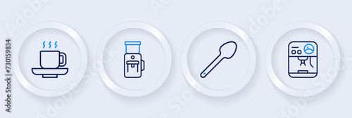 Set line Coffee machine, Teaspoon, Electric coffee grinder and cup icon. Vector