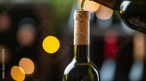 Close-up of a wine bottle being uncorked, capturing the anticipation of a fine vintage photo