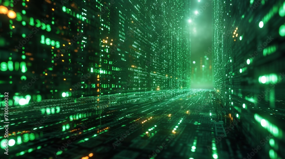 Fototapeta premium A matrix of neon green characters on a dark tech backdrop evokes a digital world