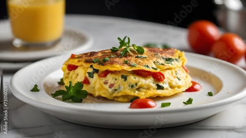 Freshly cooked omelet beautifully presented on a white plate