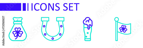 Set line Ireland flag with clover, Glass of beer, Horseshoe and Money bag icon. Vector