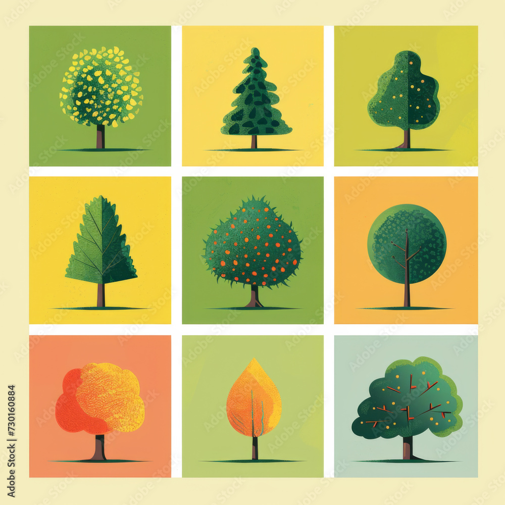 Fototapeta premium Draw illustrations of various types of trees using a nine grid layout.