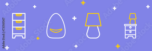 Set line Furniture nightstand with lamp, Table, Pouf and Chest of drawers icon. Vector