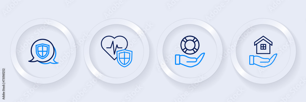 Set line House in hand, Lifebuoy, insurance with shield and Shield icon. Vector Set line House in hand, Lifebuoy, insurance with shield and Shield icon. Vector