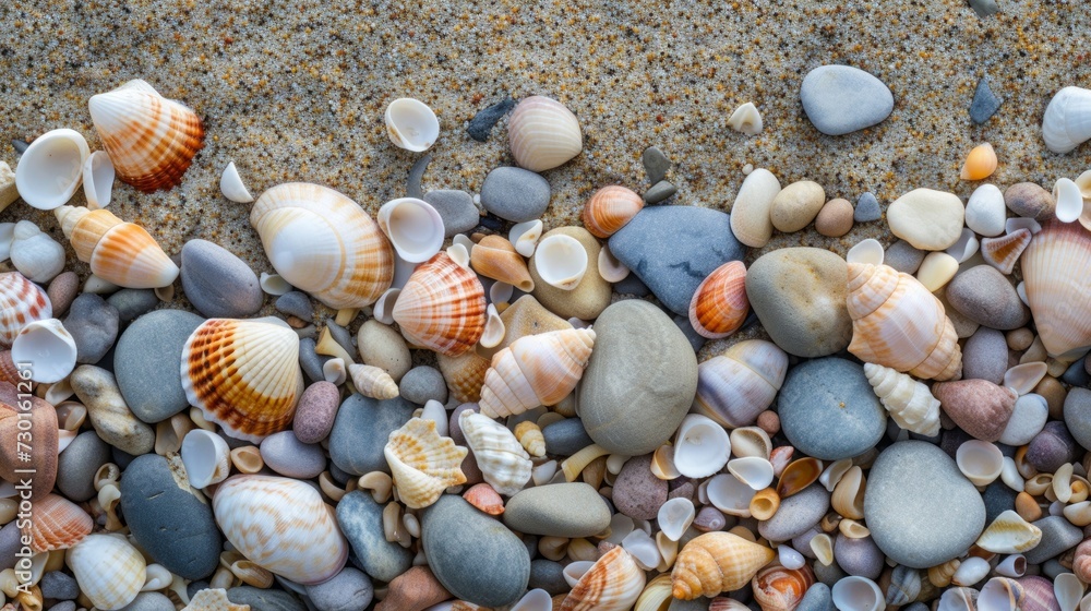 Seashells and pebbles adorn the shore, adding natural beauty to the beachscape
