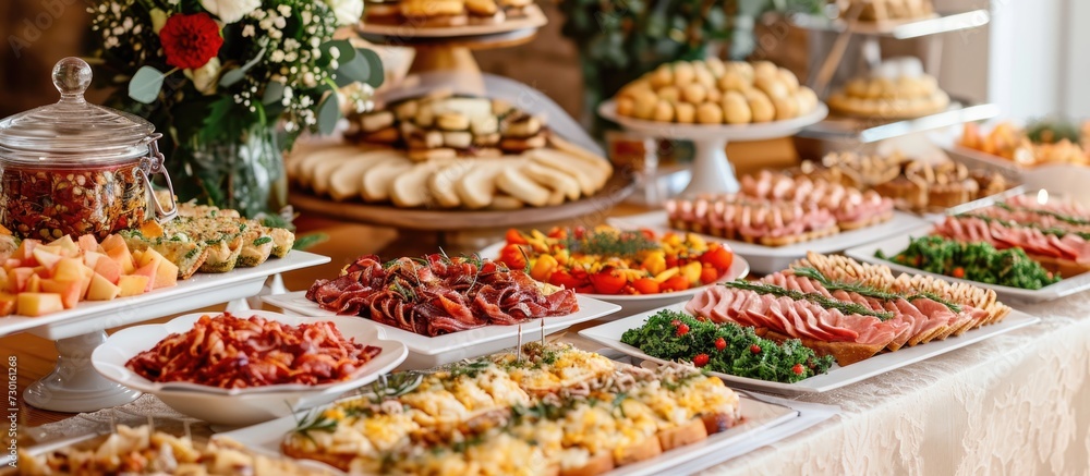 Exquisitely adorned banquet table showcasing various snacks, appetizers, and sandwiches. Exquisitely adorned banquet table showcasing various snacks, appetizers, and sandwiches.