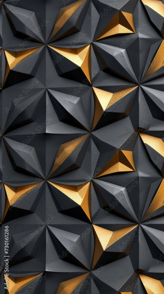 3d tile pattern in black metal and gold. 3d tile pattern in black metal and gold.