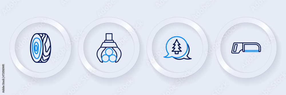 Set line Hacksaw, Tree, Grapple crane grabbed log and rings icon. Vector Set line Hacksaw, Tree, Grapple crane grabbed log and rings icon. Vector