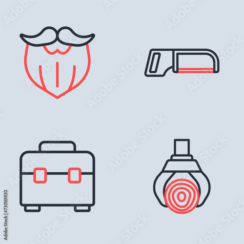 Set line Hacksaw, Toolbox, Grapple crane grabbed log and Mustache and beard icon. Vector