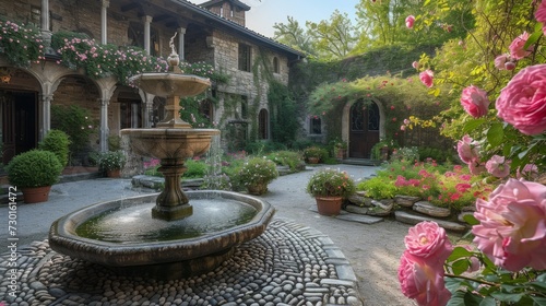 A cobblestone courtyard is graced by a sculpted fountain and vibrant pink roses in full bloom
