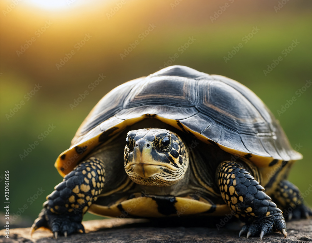 Beautiful grown up turle standing on the ground at the sunset with gentle sun glowing in the background Beautiful grown up turle standing on the ground at the sunset with gentle sun glowing in the background