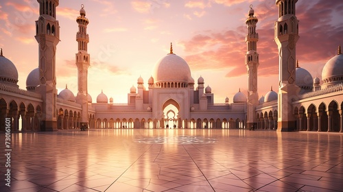 Sunset hues casting soft glows over a serene mosque with intricate designs
