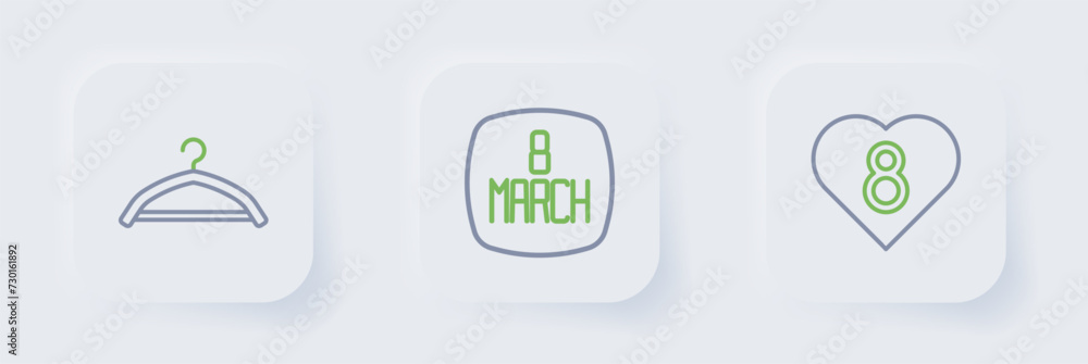 Set line Heart with 8 March, and Hanger wardrobe icon. Vector Set line Heart with 8 March, and Hanger wardrobe icon. Vector