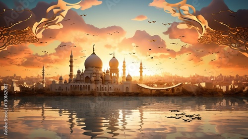 An intricate paper mosque silhouette against a pastel sky, golden clouds dotting the horizon