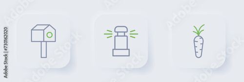 Set line Carrot, Automatic irrigation sprinklers and Bird house icon. Vector