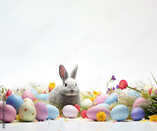 Easter theme with bunny and painted eggs on a white background.