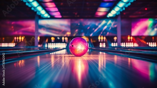 Action shot of a bowling ball hitting pins at a glowing alley photo