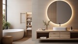 Sleek modern bathroom with round mirror and natural wood accents