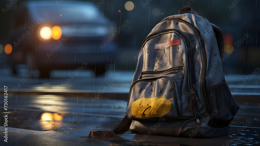 Obraz premium School backpack standing on mud.