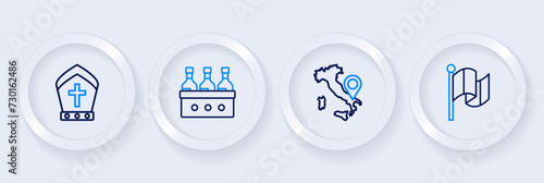 Set line Flag Italy, Map of, Bottles wine and Pope hat icon. Vector