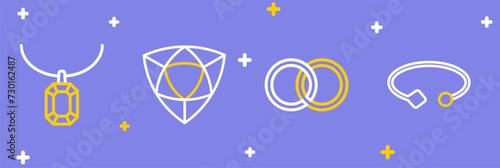 Set line Bracelet jewelry, Wedding rings, Diamond and Pendant necklace icon. Vector
