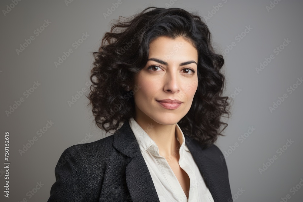 Portrait of a young businesswoman with curly hair, over gray background Portrait of a young businesswoman with curly hair, over gray background