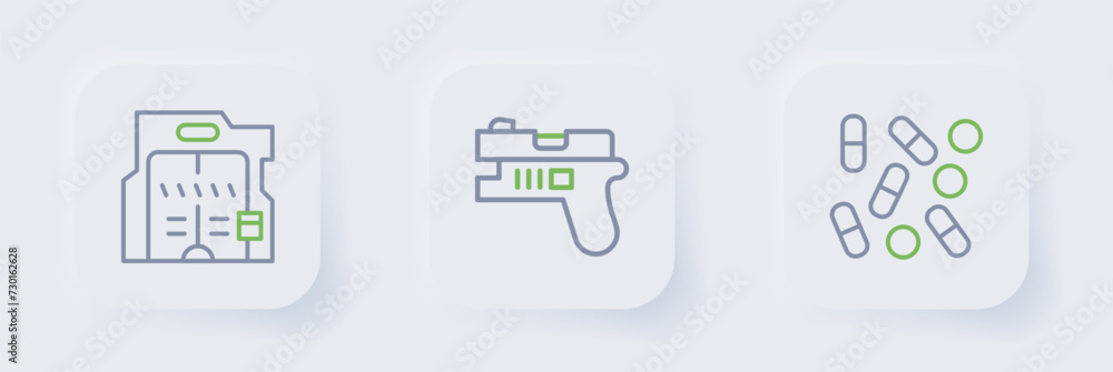 Set line Medical pill biohacking, Futuristic weapon and sliding doors icon. Vector Set line Medical pill biohacking, Futuristic weapon and sliding doors icon. Vector