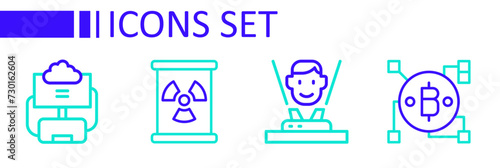 Set line Blockchain technology Bitcoin, Hologram, Radioactive waste barrel and Cloud database icon. Vector