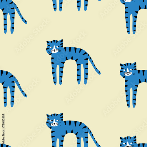 Cute blue cat hand drawn vector illustration. Funny animal character seamless pattern for kids fabric or wallpaper.