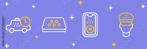 Set line Taxi driver, mobile app, car roof and waiting time icon. Vector