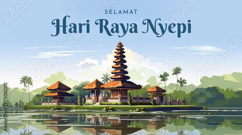 Translation : Happy Bali's Day of Silence and Hindu New Year Illustration, Nyepi Day and Hari Raya Saka, Hindu Ceremony photo
