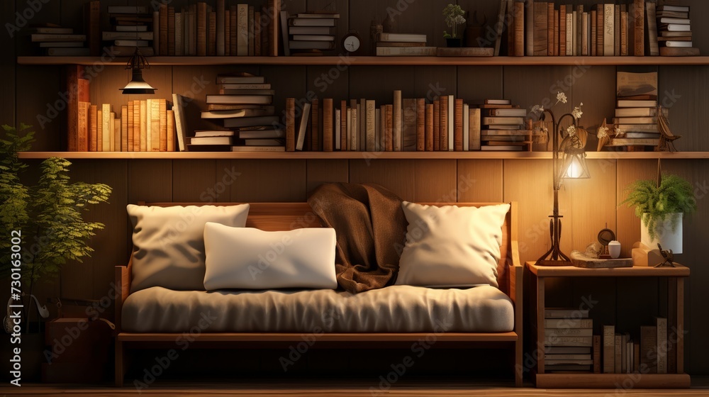 serene library aisle, warm wooden shelves, soft ambient lighting, and a cozy reading nook