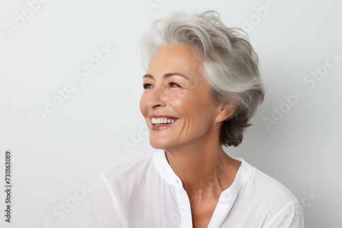 Portrait of a happy senior woman smiling at the camera on a white background