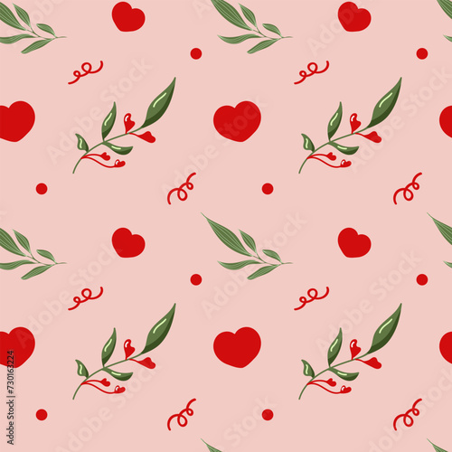 Lovely seamless pattern with hearts, flowers and leaves on pink background. Cute print for Valentines day. Vector illustration, hand drawn. We use this pattern for greeting cards, packing, invitation