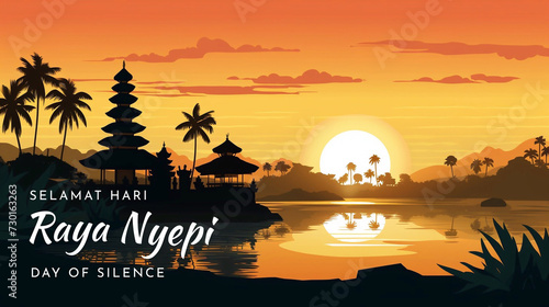 Translation : Happy Bali's Day of Silence and Hindu New Year Illustration, Nyepi Day and Hari Raya Saka, Hindu Ceremony