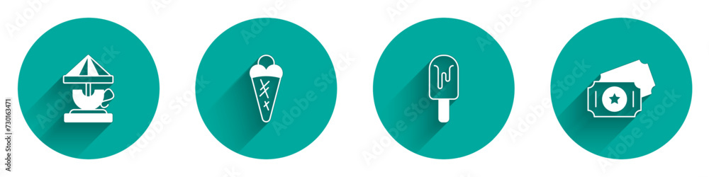 Set Attraction carousel, Ice cream in waffle, and Circus ticket icon with long shadow. Vector Set Attraction carousel, Ice cream in waffle, and Circus ticket icon with long shadow. Vector