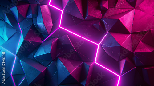 3d polygon texture,glow neon line around,glitter effect,vibrant color photo